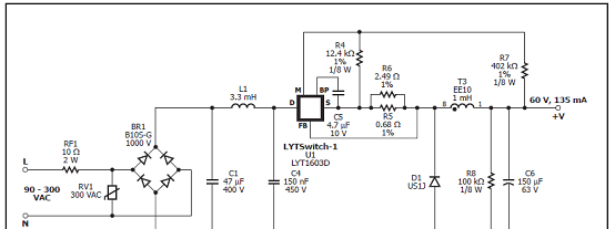 采用LYT1603D8 W, 60 V, 135 mA分隔离A19 LED驱动器