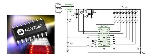 图6:a) LED组合尾灯图例;b)NCV7680在LED组合尾灯中的应用电路图.png