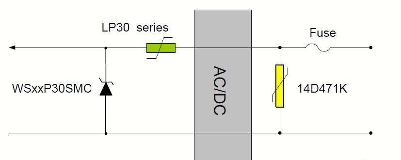 基于SMDJ30A TVS+LP30系列自恢复保险丝+14D471K压敏电阻的电力供应防护方案.png