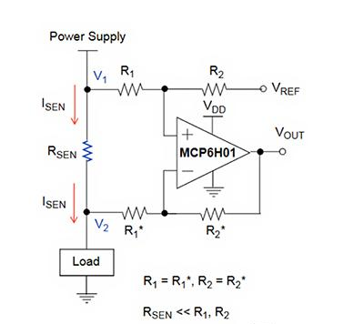 采用分立电阻器和运算放大器的高压侧电流测量配置示意图.png