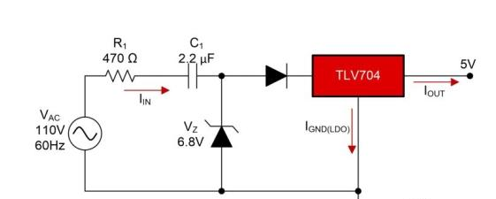 图2： 带LDO的基本电容式压降电路，适用于110 VAC、5 VDC和30 mA.png