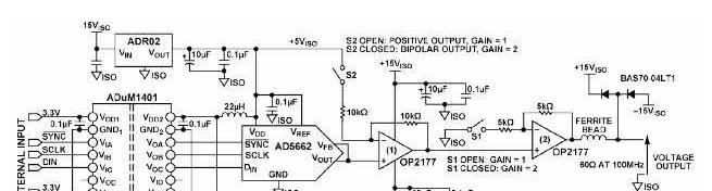 AD5562数模转换器组成的隔离工业控制电压输出电路图