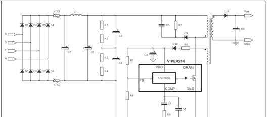 图4.VIPER26K初级调整的隔离反激配置电路图