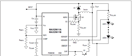 图6.MAX25611典型高边降压应用电路图