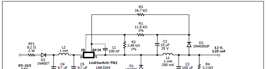 图3.LinkSwitch™-TN2系列通用输入恒压电源电路图