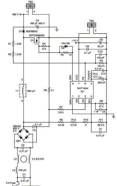 图2 NCP1654应用电路：300W 65kHz功率因素修正电路