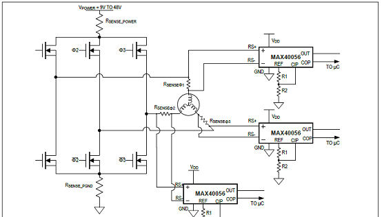 图2.MAX40056应用电路:马达控制在线电流检测