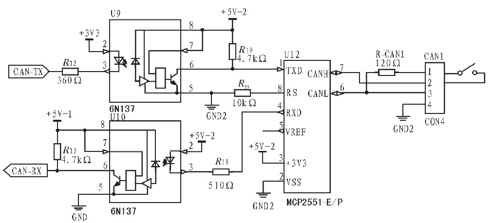 图2 耦隔离和CAN总线驱动器电路