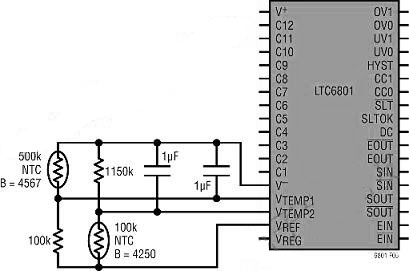 图 5:粗略温度检测有可能通过到内部电压比较器的两个温度输入引脚完成。