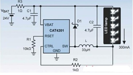 图2：使用CAT4201驱动5个1W的LED。