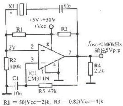 LM311应用电路图2：LM311N构成的晶体振荡器