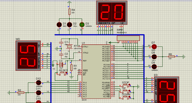 基於51單片機的交通燈protues控制電路_彙編四個兩位數碼管(仿真 源碼