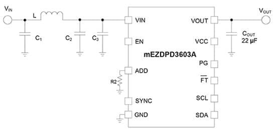 带 EMI 滤波功能的 MPS mEZDPD3603A 应用电路示意图